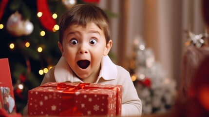 Surprised baby boy opening a Christmas gift box. Generative AI