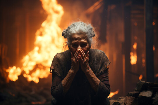 Property insurance protection, security protect, real estate damage accidents, unexpected disaster, impending loss, war concept. Senior old lady woman stress crying watching the fire burning property