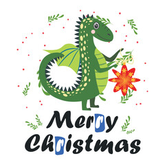 Christmas card with cute green dragon. Year of the Dragon 2024, China