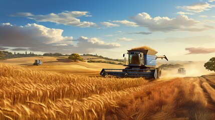  a painting of a combine of grain being harvested in a field.  generative ai