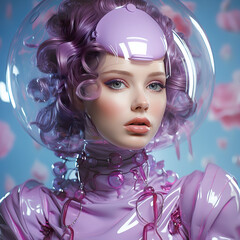 A cute girl dressed in a suit, a spacesuit made of purple plastic