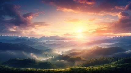 Obraz premium a painting of a beautiful sunset over a mountain range with a river running through it. generative ai