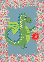 Christmas card with cute green dragon. Year of the Dragon 2024, China