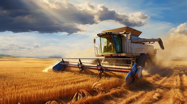  a large combine of grain being harvested in a wheat field.  generative ai