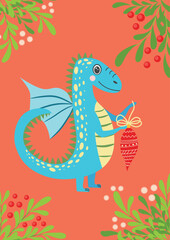 Obraz premium Christmas card with cute green dragon. Year of the Dragon 2024, China