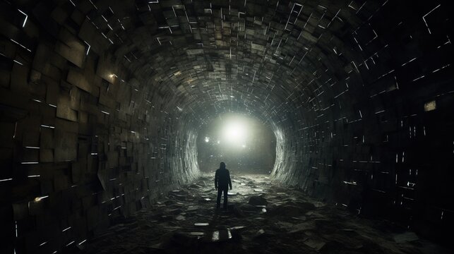  a person standing in a dark tunnel with a light at the end.  generative ai