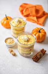 Pumpkin greek yogurt cake parfait in a glass