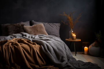 close up of dark cosy modern bedroom