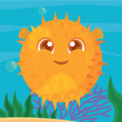 Isolated cute blowfish sea animal character Vector