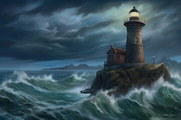 White Lighthouse in the middle of the ocean, big waves and storm around the lighthouse, dark clouds, lighthouse sunken by ocean and sea. Painting, concept art, cinematic light, illustration