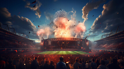 the stadium is full of cheering fans, fireworks and festive mood. AI Generated. - obrazy, fototapety, plakaty