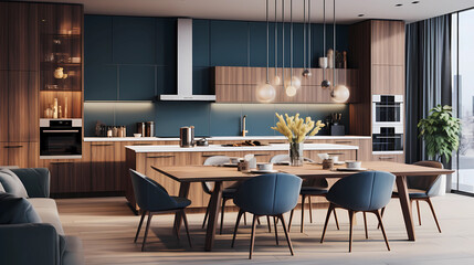 Modern kitchen in shades of blue. AI Generated.