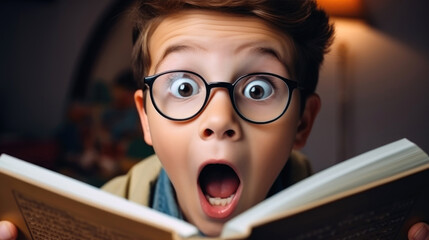 Surprised boy is reading an interesting adventure book. Generative AI