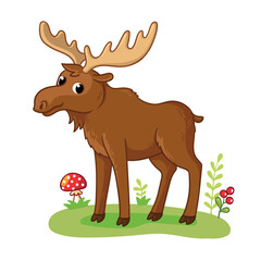 Cute elk stands on a green summer meadow. Beautiful vector illustration with a forest animal.