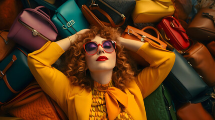 Beautiful young woman with eyes closed lies in trendy bags. Fashion, shopping, retail therapy, luxury lifestyle, consumerism, pampering, and the retail experience concept.
