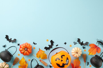 Immersing oneself in the ghostly atmosphere of Halloween. Top view photo of pumpkin basket, witch...