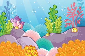 Fototapeta na wymiar Vector illustration with the underwater world and corals on the marine theme.