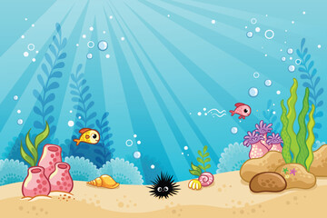 Underwater landscape with fish, plants, algae and corals. Vector Illustration in cartoon style.