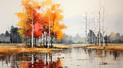 autumn landscape with lake painting - generative ai