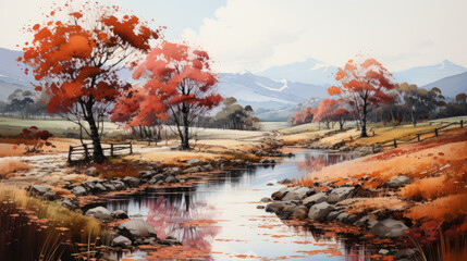 autumn landscape with lake painting - generative ai