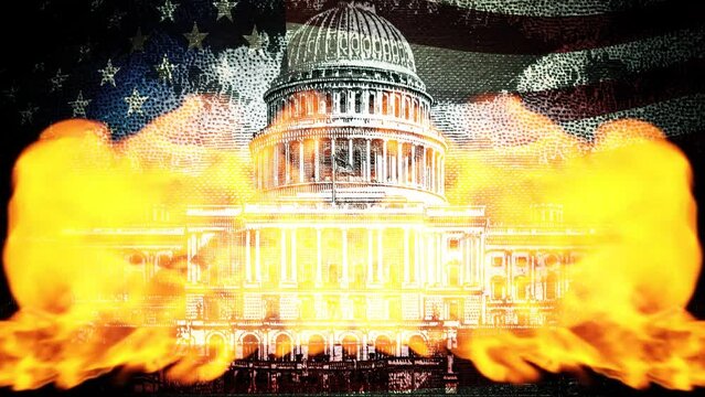 The US Capitol, Fed sign, portrait of Franklin with glowing eyes, spinning pyramid with an eye on top, a jet of fire, the US waving flag. Conspiracy theory. 4k video with different US dollar bills.