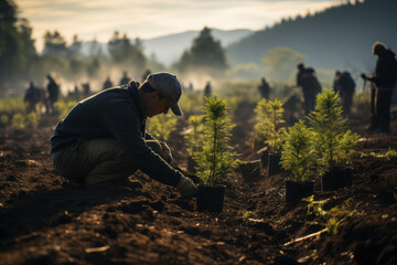 Reforestation Efforts. Volunteers planting trees in a deforested area, symbolizing the commitment to sustainable climate practices. Generative Ai. - obrazy, fototapety, plakaty