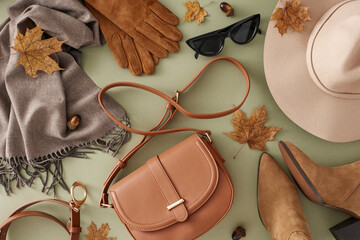 Celebrate autumn's palette through curated fashion choices. Top view shot of stylish hat, grey...