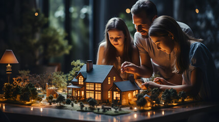 House model with real estate agent and customer discussing for contract to buy house, insurance or loan real estate,real estate concept.
