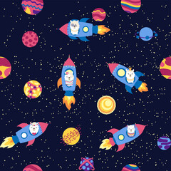 Seamless pattern with lama in a rocket, in space. Lama travels, adventures among the stars. Cute pattern with alpaca