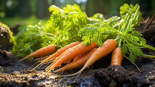 A bunch of carrots freshly picked from the garden. Organic product. World veganism day. Generative ai.
