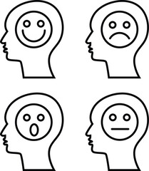 Smiling, Sad, Wow and Expressionless Emoji Inside Outline Human Head Shape Design Element Illustration