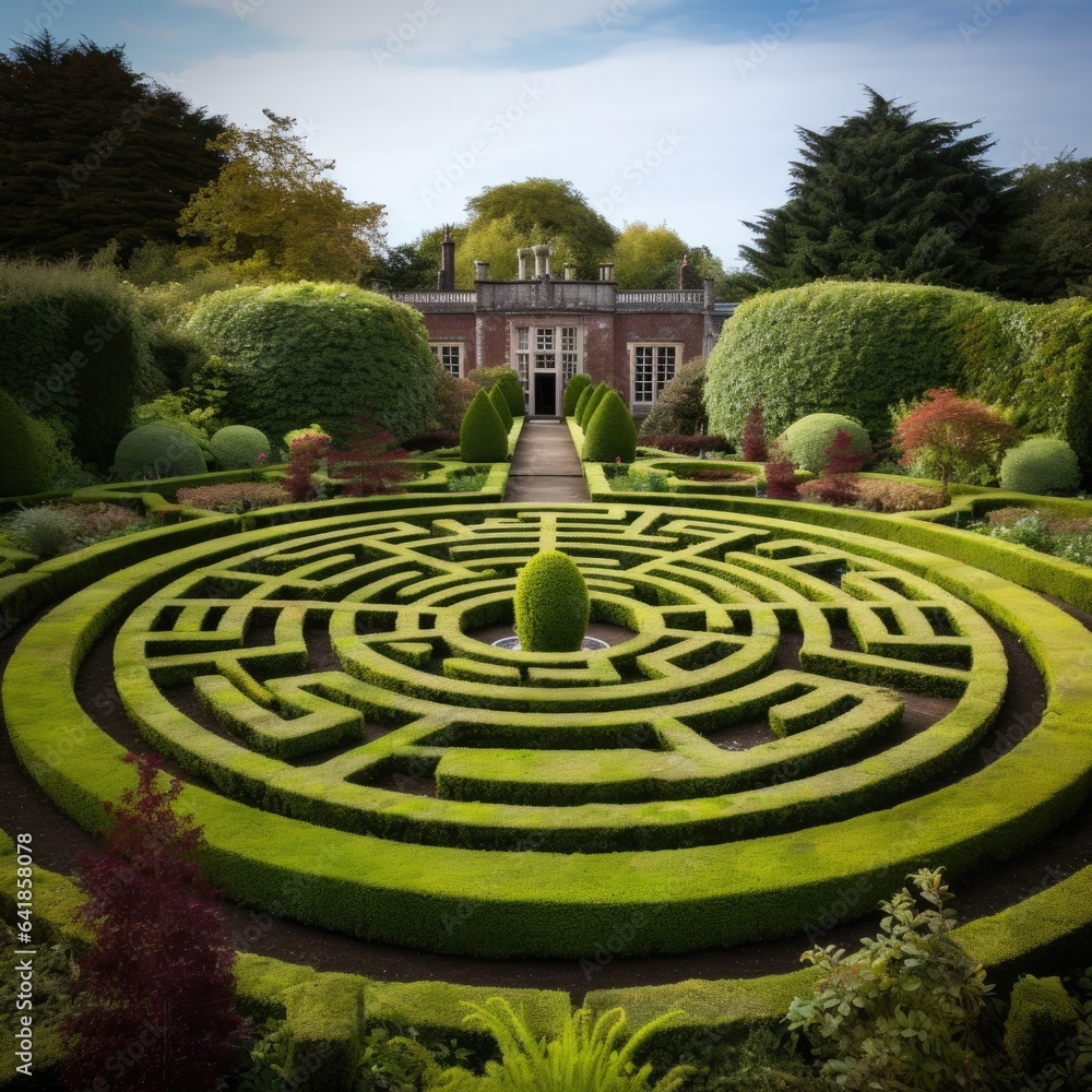 Aufkleber a garden with a circular maze in the middle of it. generative ai.