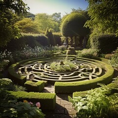 A circular garden with a fountain surrounded by hedges. Generative AI.