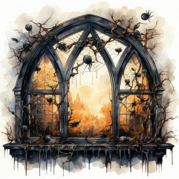 Watercolor halloween spider webs window Illustration, Generative Ai