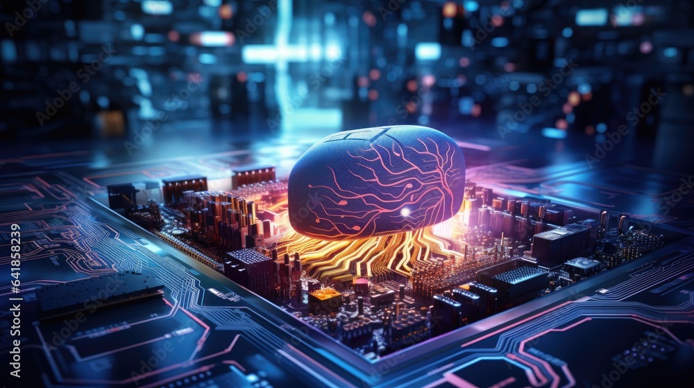 Poster lab scene where scientists 'program' the human brain onto a circuit board, blurring the lines betwee