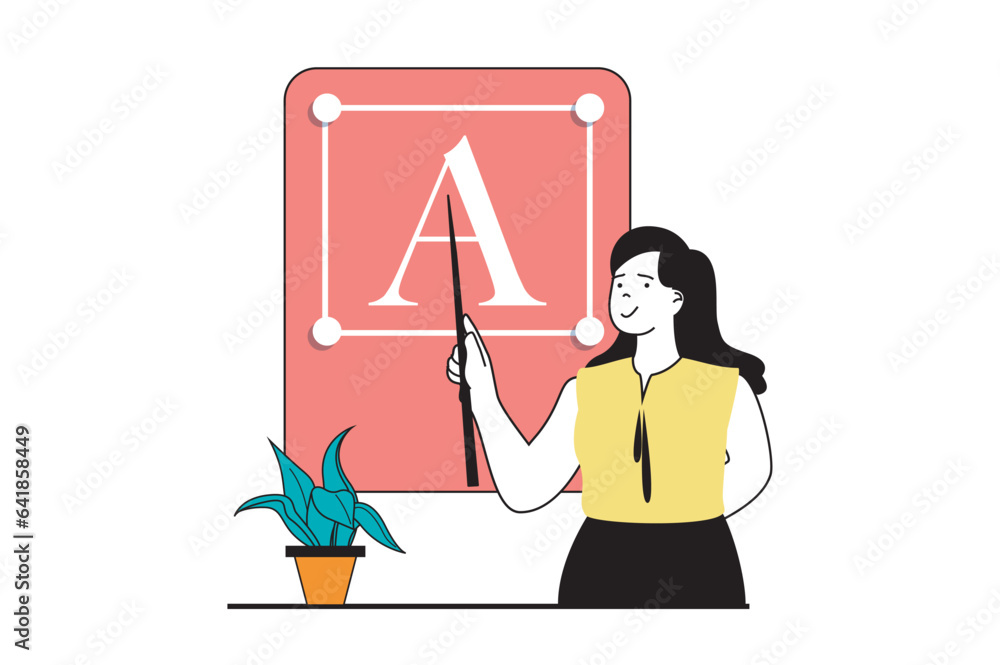Poster designer agency concept with people scene in flat web design. woman works with typeface elements and