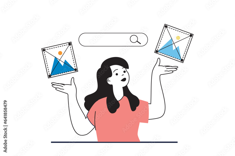Poster designer agency concept with people scene in flat web design. woman selecting images content and sea