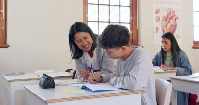 Teaching, student and teacher with help, classroom and notebook with conversation, education and knowledge. People, woman or children writing, lesson and study with learning, solution and high school