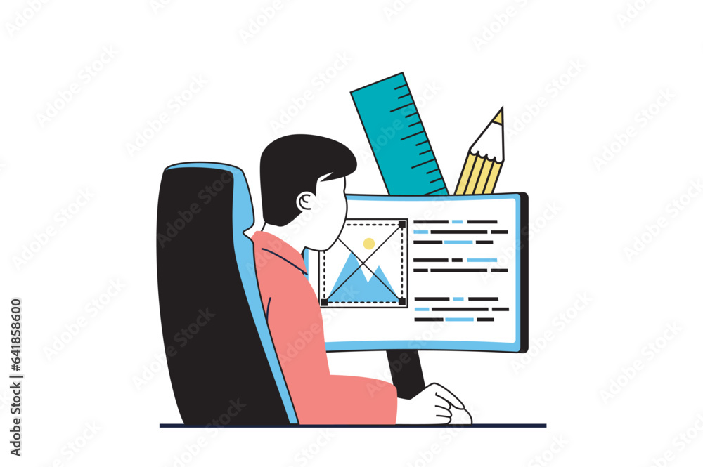 Poster designer agency concept with people scene in flat web design. man works with drawing tools at comput