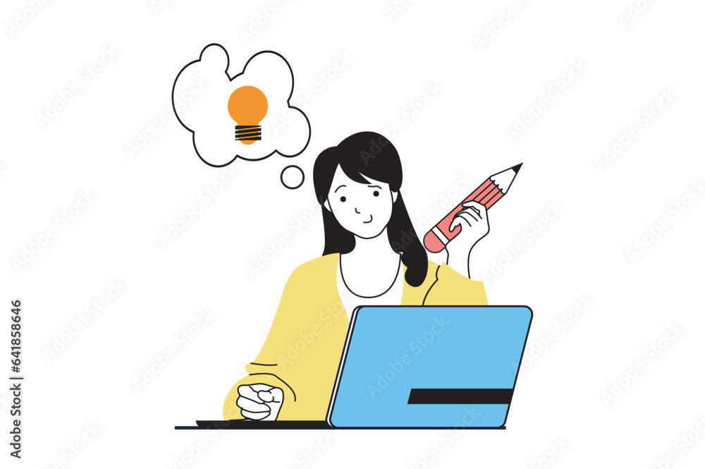 Poster designer agency concept with people scene in flat web design. woman brainstorming and working with d