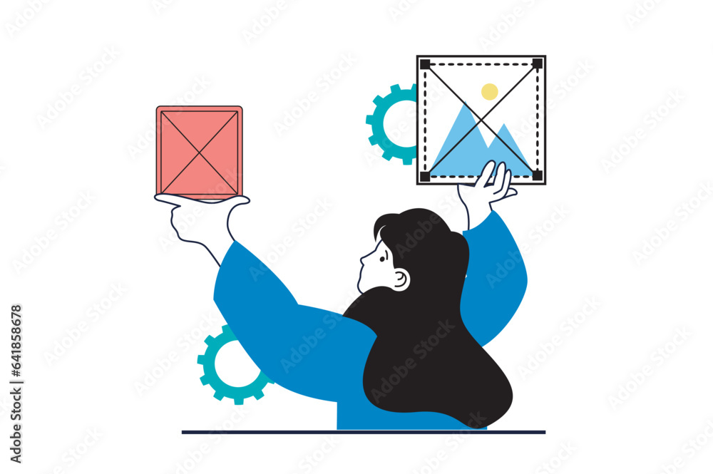 Aufkleber Designer agency concept with people scene in flat web design. Woman selecting content for ui site template and placing elements. Vector illustration for social media banner, marketing material.