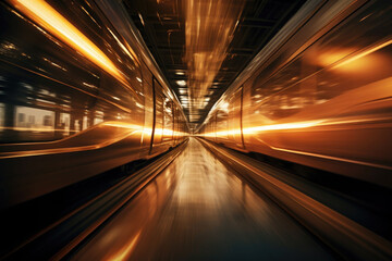 Fototapeta na wymiar High speed train in motion on railway station at sunset. Generative AI