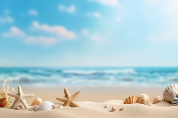 Sandy beach with collections of seashells and starfish as natural textured background. Generative AI
