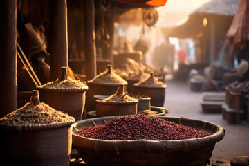 Assorted colorful dried spices placed on stall in local market. Generative AI