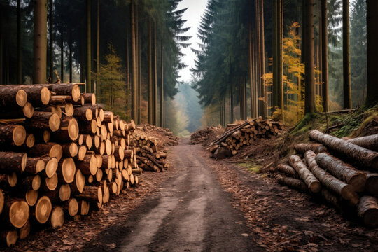 Log trunks pile, the logging timber wood industry. Cut trees along a road. Generative AI