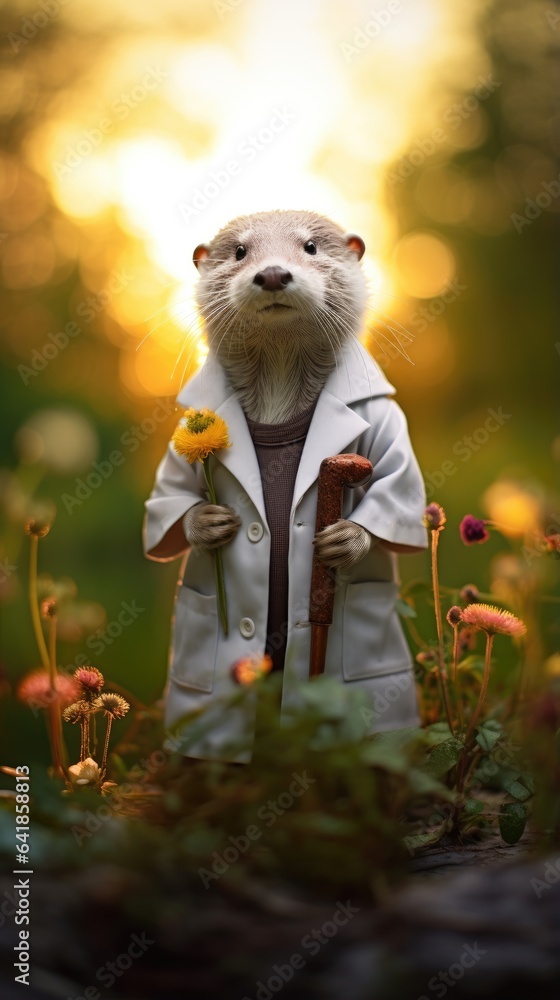 Aufkleber an otter in a white lab coat standing in a field of flowers. generative ai.