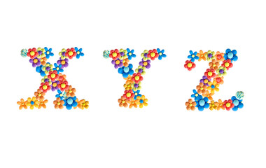 A set of letters for the design of the title or text in full. Unique 3D handmade plasticine design in the form of airy flowers. The alphabet is floral and colorful