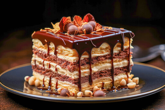 Opera Cake, a layered cake made with almond sponge, coffee buttercream, and chocolate ganache