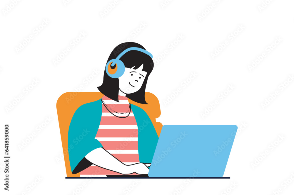 Poster designer agency concept with people scene in flat web design. woman working at laptop, programming a
