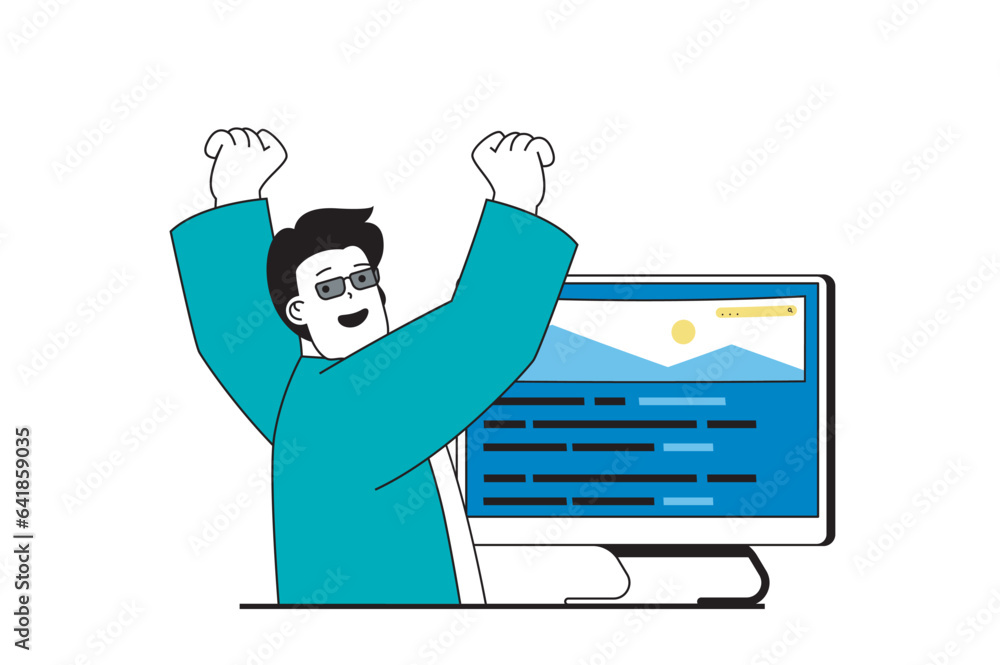 Poster designer agency concept with people scene in flat web design. man works as developer at computer, pr